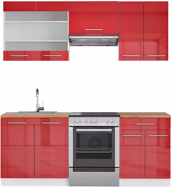 Cucina componibile Fame-Line Vicco moderna in Bordeaux lucido e Bianco con piano Rovere, L: 200 cm – 1