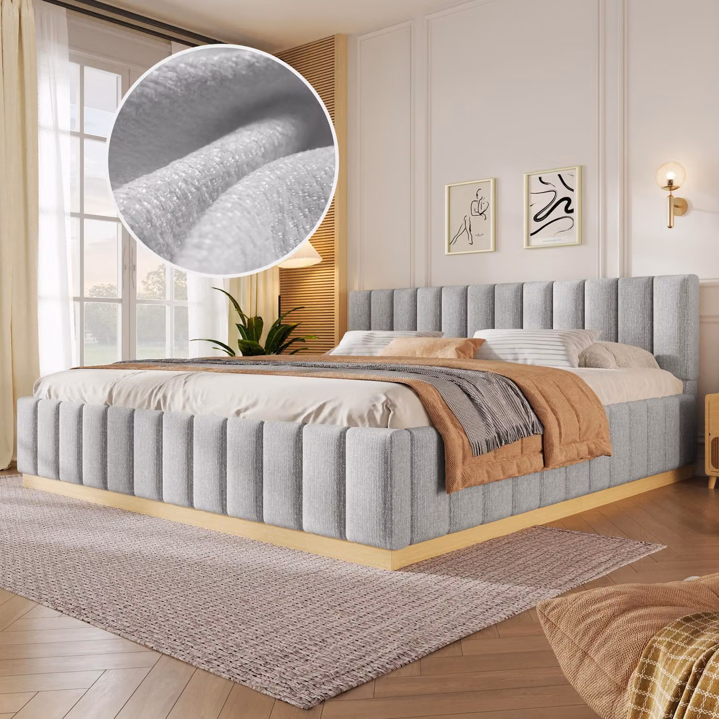 Letto imbottito 180 x 200 cm con rete a doghe, letto matrimoniale in tessuto chenille con testiera imbottita, bordi arrotondati, capacità di carico fino a 360 kg, senza materasso