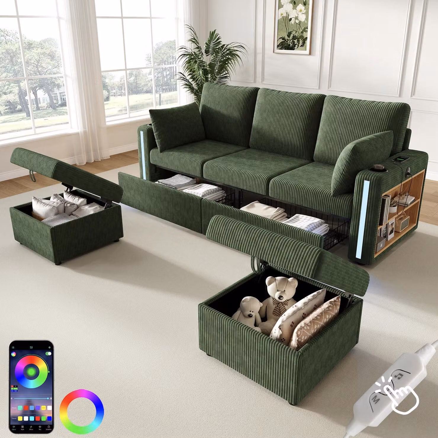 Divano modulare a forma di "U" Merax, divano angolare a 5 posti con 2 poggiapiedi contenitori, illuminazione ambientale a LED, porte USB/Type-C, divano "Cord" con 3 cassetti, divano, verde