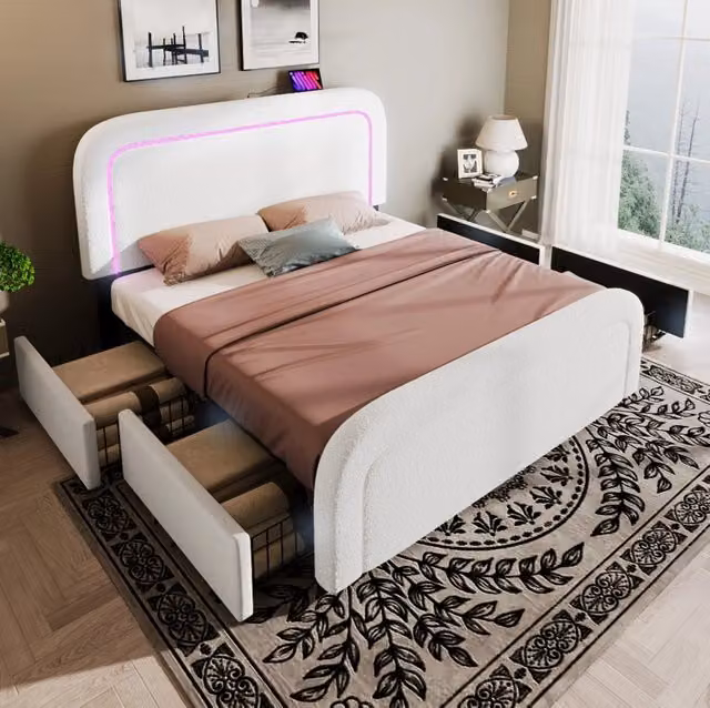Letto imbottito 160x200 cm bianco in sherpa con LED, USB-C e 4 cassetti