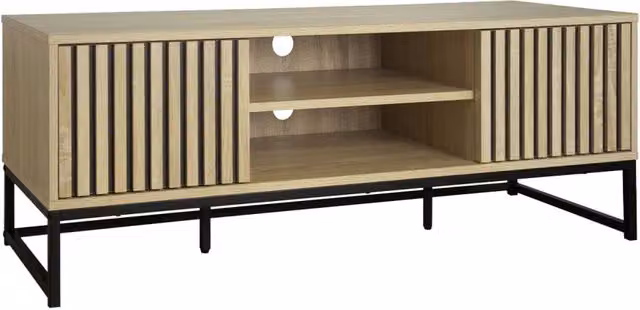 Mobile TV moderno Sweeek in legno scanalato e metallo nero, marrone, L 120 cm x P 40 cm x H 42 cm