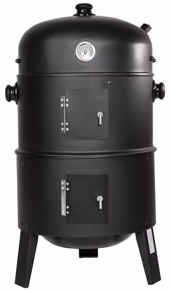 Smoker: Forno per affumicatura 3-in-1, barbecue a carbone e affumicatore. Barile in metallo, barbecue da esterno per affumicare e grigliare