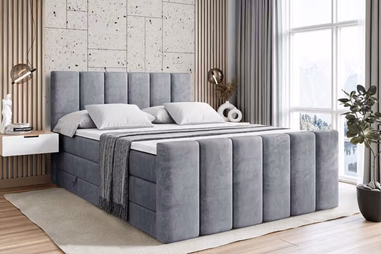 Letto boxspring ALTDECOR con pediera, 2 materassi e topper - 140x200 cm - BOXI1-Z KING - Grigio velluto - Letto imbottito con materassi H3 e H4, contenitore e rete a doghe, letto con spazio contenitivo