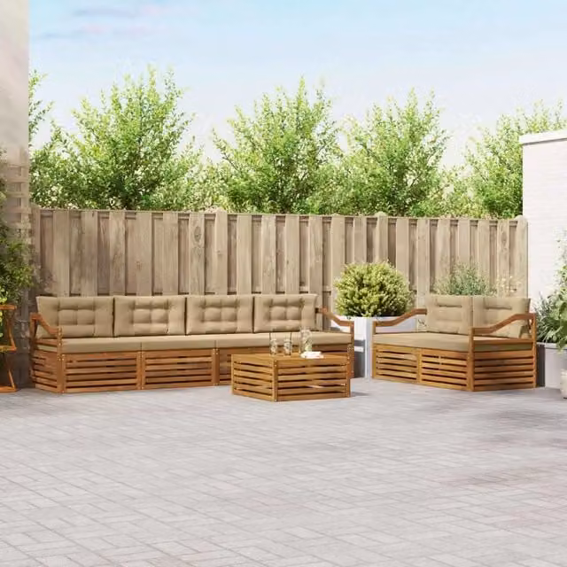 Set di divani da esterno 7 pezzi vidaXL in legno di acacia con cuscini beige e tavolino da giardino moderno