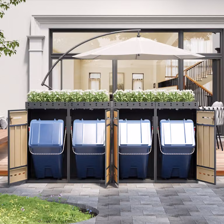 okwish Box per bidoni della spazzatura con sistema di raccolta differenziata - Tetto verde con fori di drenaggio - Porta con finitura effetto legno - Chiudibile a chiave, per vialetto e giardino - Per quattro bidoni da 120–240 L, grigio+legno