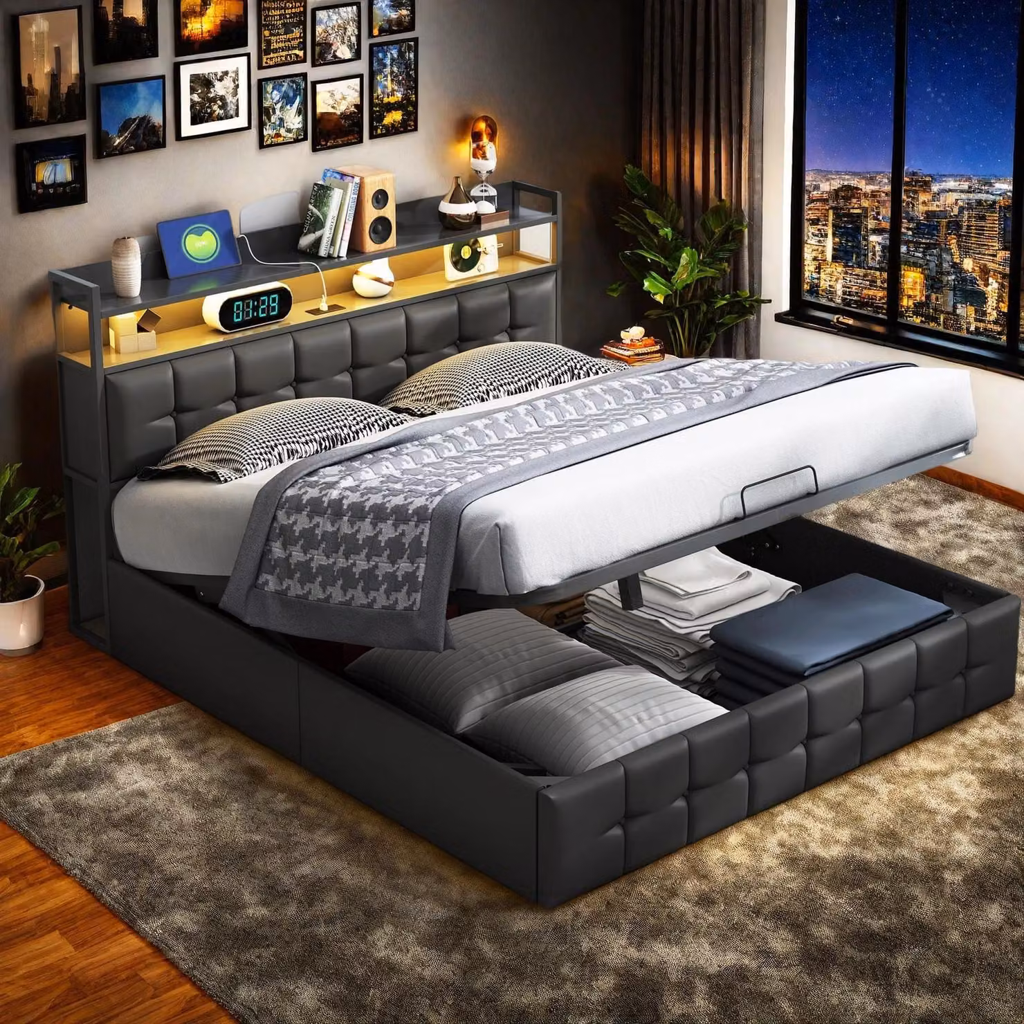Letto imbottito INONEFT, modello boxspring, 140x200 cm, con illuminazione LED e funzione di ricarica USB, struttura per letto matrimoniale con rete a doghe e spazio contenitore, letto per ragazzi, in PU, colore nero
