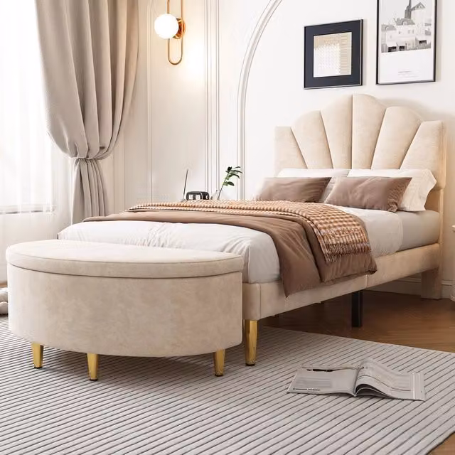 Letto imbottito velluto beige testiera regolabile ¨C Minimal ¨C 90x200 cm, gambe in acciaio dorato, rete a doghe, panca contenitore