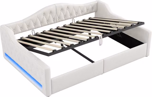 Letto Giorno Imbottito 140x200 Beige con Telaio in Legno, Illuminazione LED e Ampio Spazio Contenitore