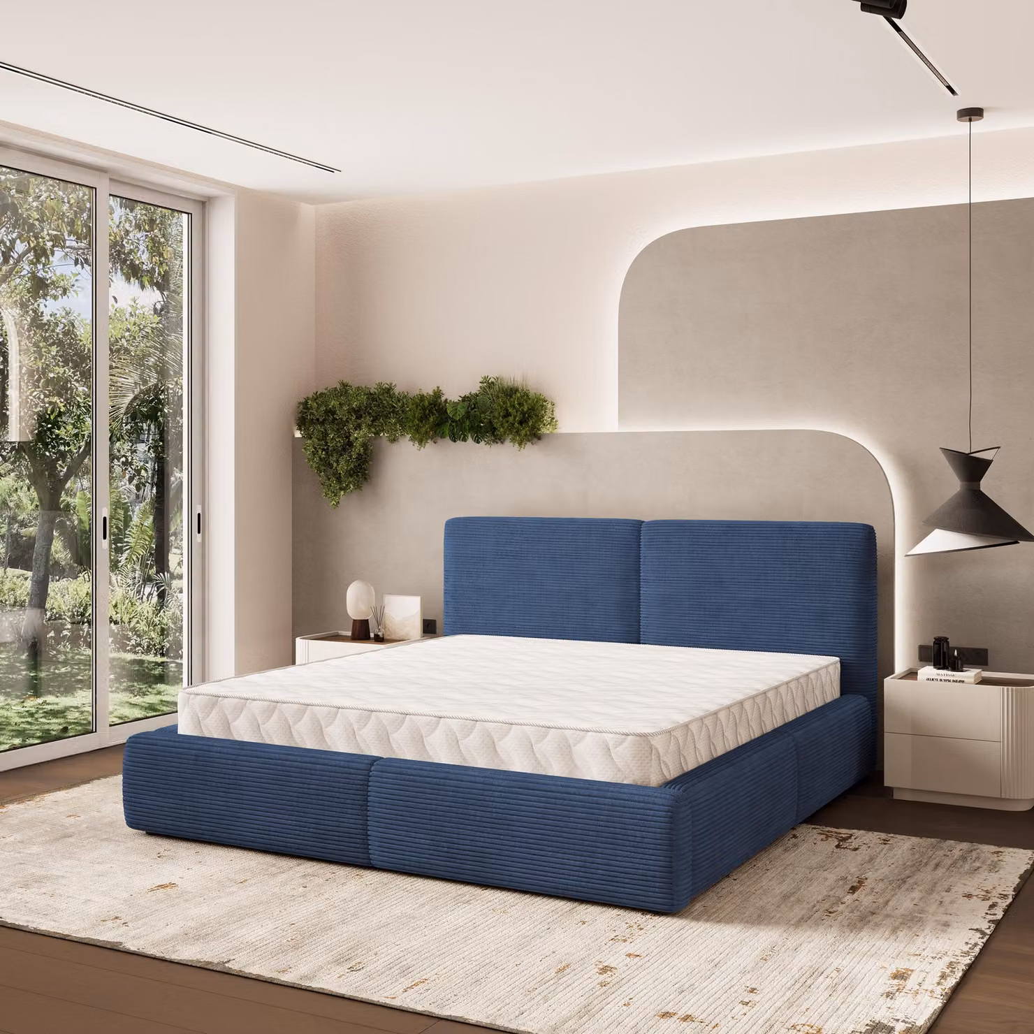 Letto imbottito Masseno FELURO P 200x200 cm, letto imbottito con cassetti - Blu, POSO 05