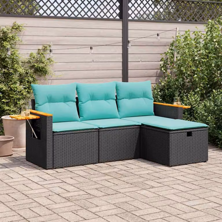 Set di divani da giardino vidaXL a forma di L composto da 4 pezzi con cuscini, struttura in metallo e rattan, colore nero e blu