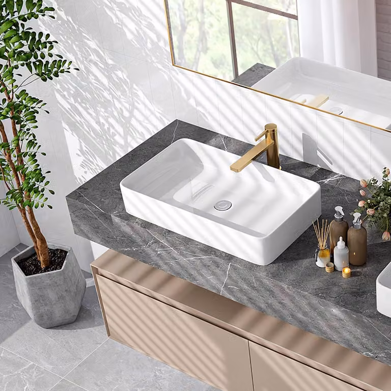 Lavabo da appoggio angolare, lavabo da bagno in Vetroceramica bianca, lavabo con scarico a gancio, lavabo largo 60 cm, lavabo da appoggio per bagno e bagno degli ospiti
