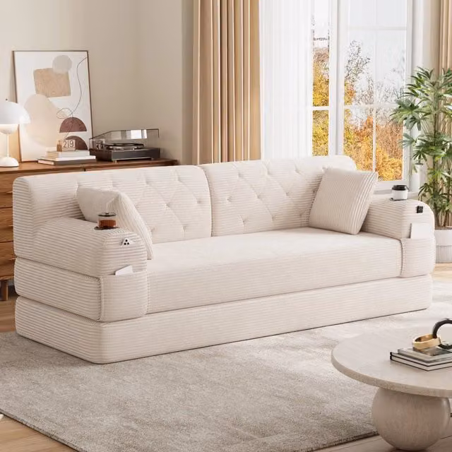 Divano letto OKWISH a 3 posti in velluto a coste beige con funzione letto, schienale alto, 4 tasche e 2 portabicchieri, L/P/H: 208 x 81 x 80 cm