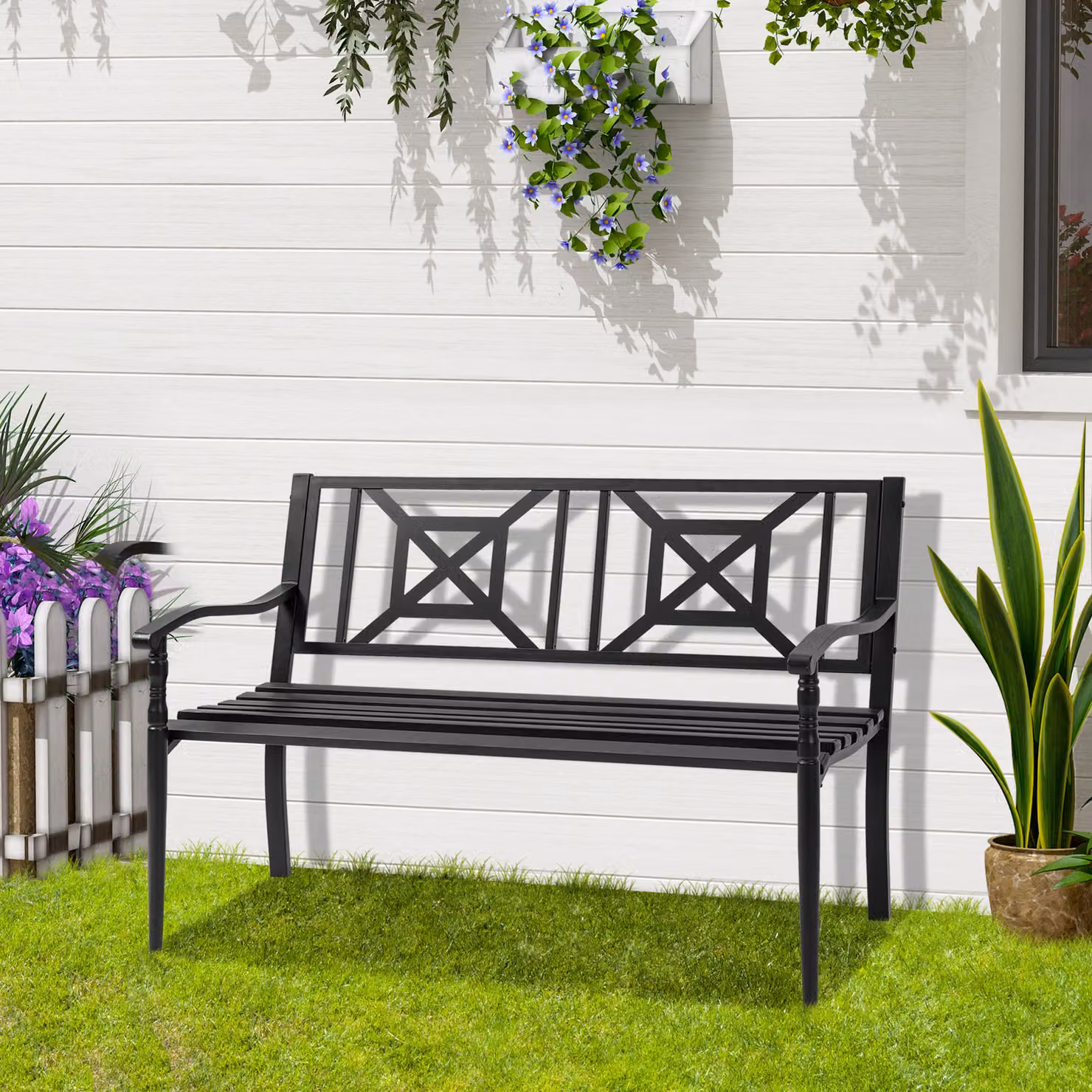 Panchina da giardino Aosom in acciaio nero per 2 persone con schienale alto e braccioli L: 128 cm, P: 62.5 cm, H: 81.5 cm – 2