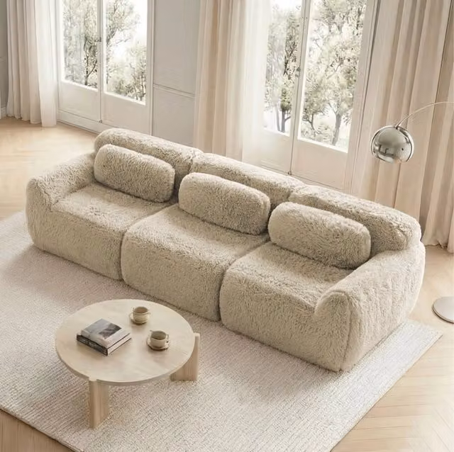Divano modulare 3 posti 291x104x73 cm in tessuto, cachi chiaro, senza montaggio –
