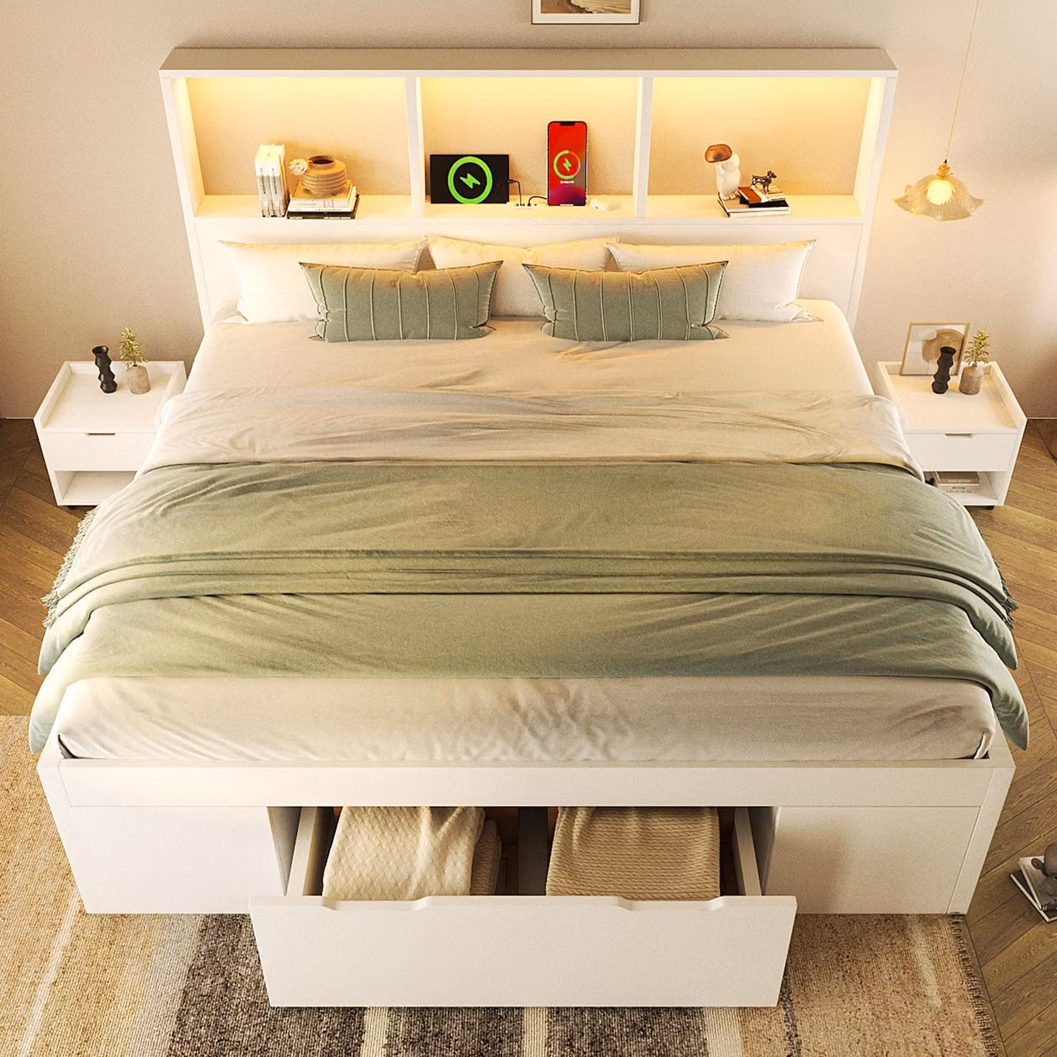 Letto funzionale okwish per ragazzi 140x190 con vano contenitore e comodino mobile, struttura letto con illuminazione a LED e funzione di ricarica USB-C, camera da letto in legno bianco - senza materasso