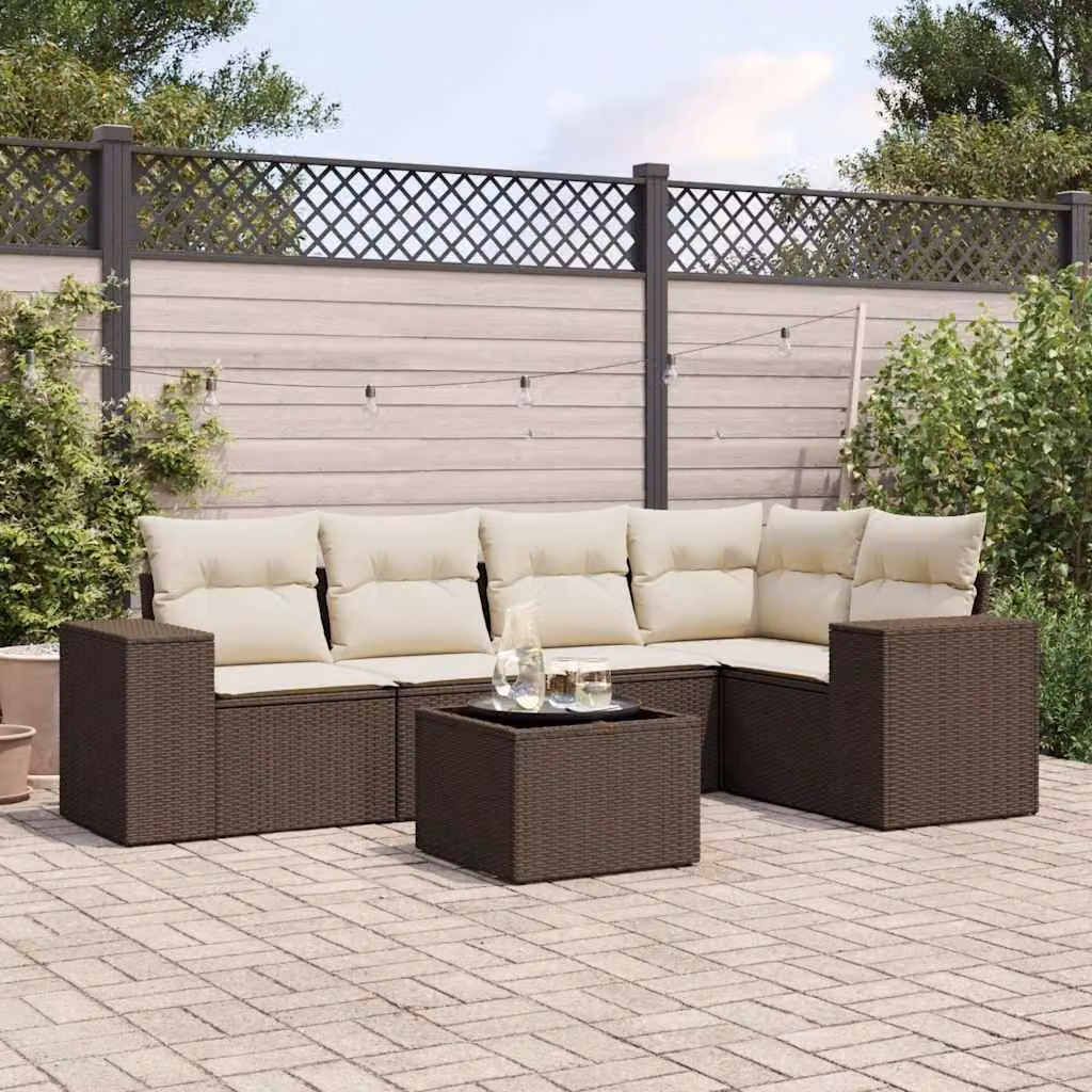 vidaXL Set Divano da Giardino 6 pz a Forma a L in Polyrattan Marrone con Cuscini e Tavolino da Caffè – 1