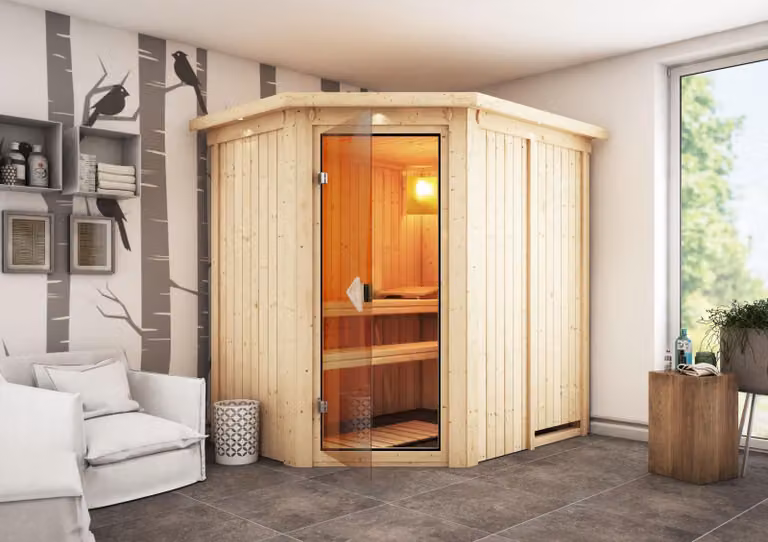 Sauna Carin: con cornice luminosa sul soffitto: 9 kW, stufa finlandese + centralina Easy Finn. Sauna Carin: con cornice luminosa sul soffitto. Stufa per sauna: 9 kW, stufa finlandese + centralina Easy Finn. Porta per sauna: porta in vetro bronzato