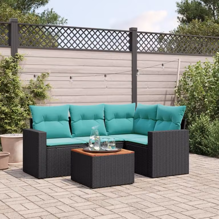 Set di divani da giardino vidaXL a forma di L composto da 5 pezzi in polyrattan nero con cuscini inclusi