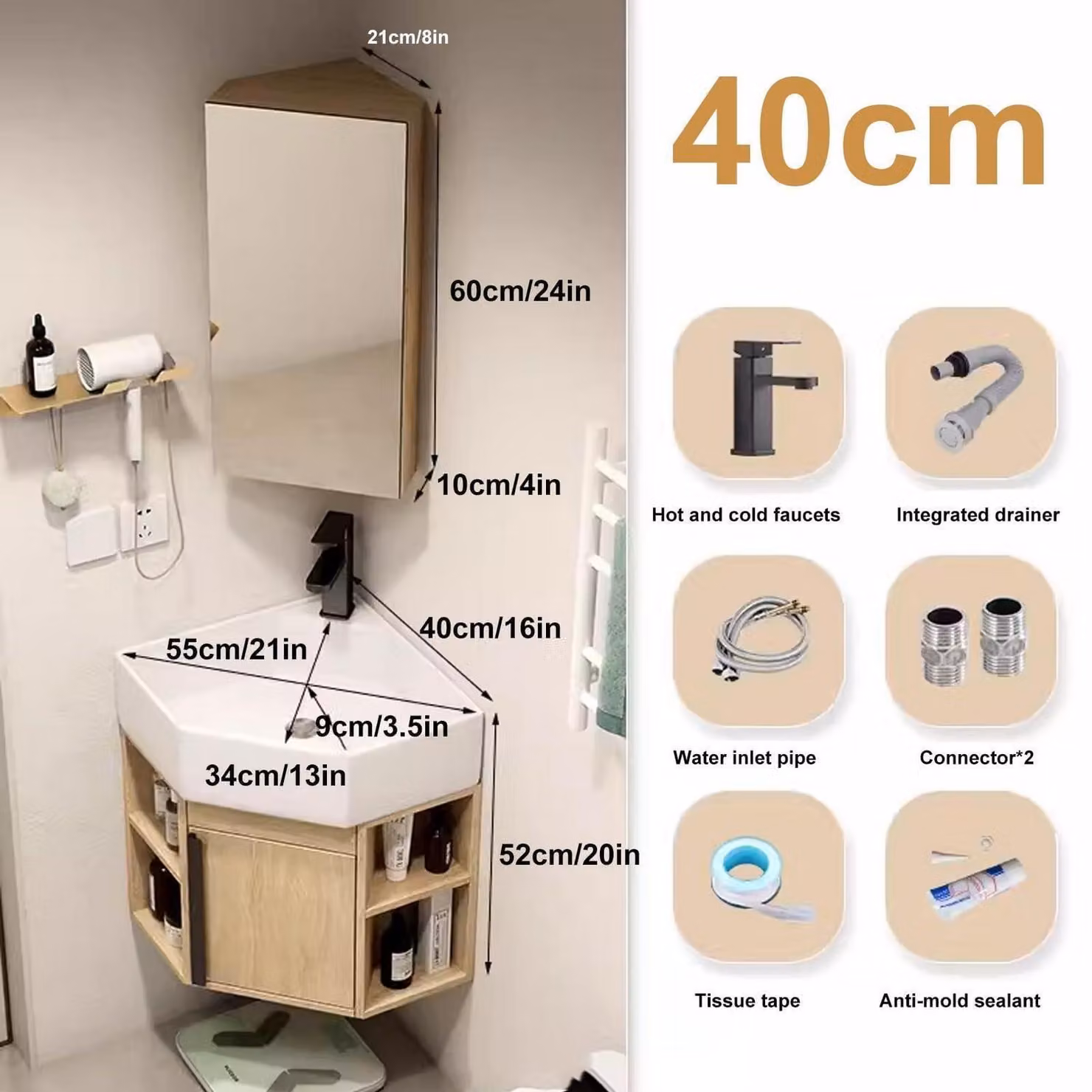 Lavabo da bagno sospeso con mobile sottolavabo e pensile a specchio, 40 cm di altezza, realizzato in MDF con lavello in Vetroceramica