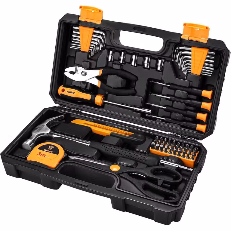Kit di attrezzi completo, 62 pezzi, utensili manuali universali, per uso domestico, officina e fai-da-te. Colore: giallo