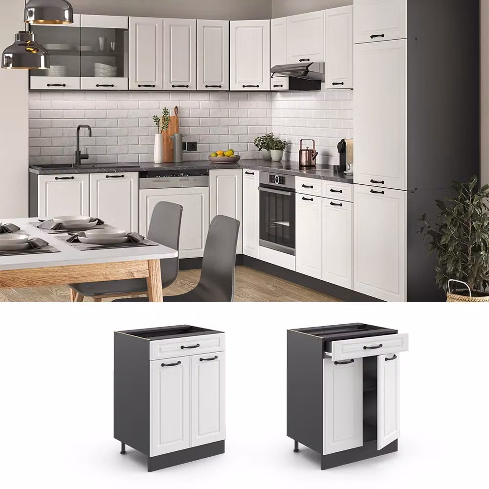 Mobiletto base per cucina Vicco R-Line Bianco rustico/Antracite con cassetto, senza piano di lavoro, L: 60 cm, H: 81,6 cm, P: 46 cm – 2