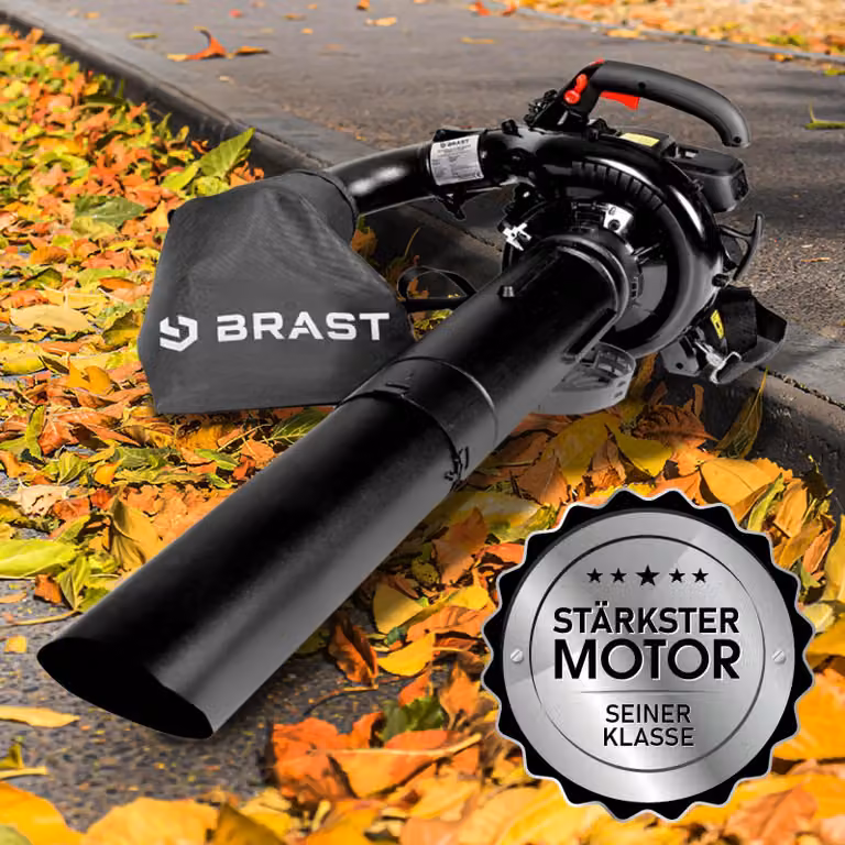 BRAST Aspiratore/soffiatore per foglie a benzina 1,0 kW (1,36 CV) | Sacco di raccolta da 55 l | Incl. 2 tubi di soffiaggio, tracolla e impugnatura antivibrazioni | Funzione 4 in 1 | Velocità di soffiaggio 73 m/s