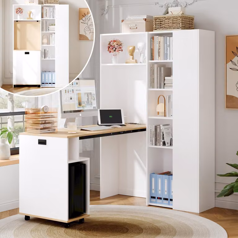 Libreria Flieks Scaffale alto con scrivania pieghevole, scrivania ad angolo Tavolino da toilette con presa e USB, scaffale con 2 ripiani regolabili in altezza
