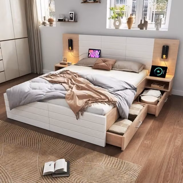 Letto matrimoniale 160 × 200 cm con testiera luce orientabile USB due cassetti legno MDF bianco rovere chiaro