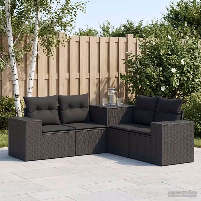 Set di divani da giardino vidaXL a forma di L composto da 5 pezzi in rattan sintetico e acciaio nero con cuscini inclusi