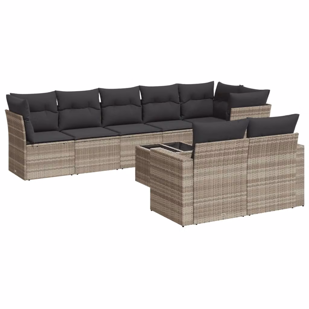 Set Divano da Giardino 9pz con Cuscini Grigio Chiaro Polyrattan