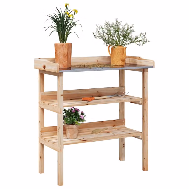 vidaXL Tavolo per piante in legno di abete massello e metallo, stile rustico, marrone, L 78 cm x P 38 cm x H 82,5 cm