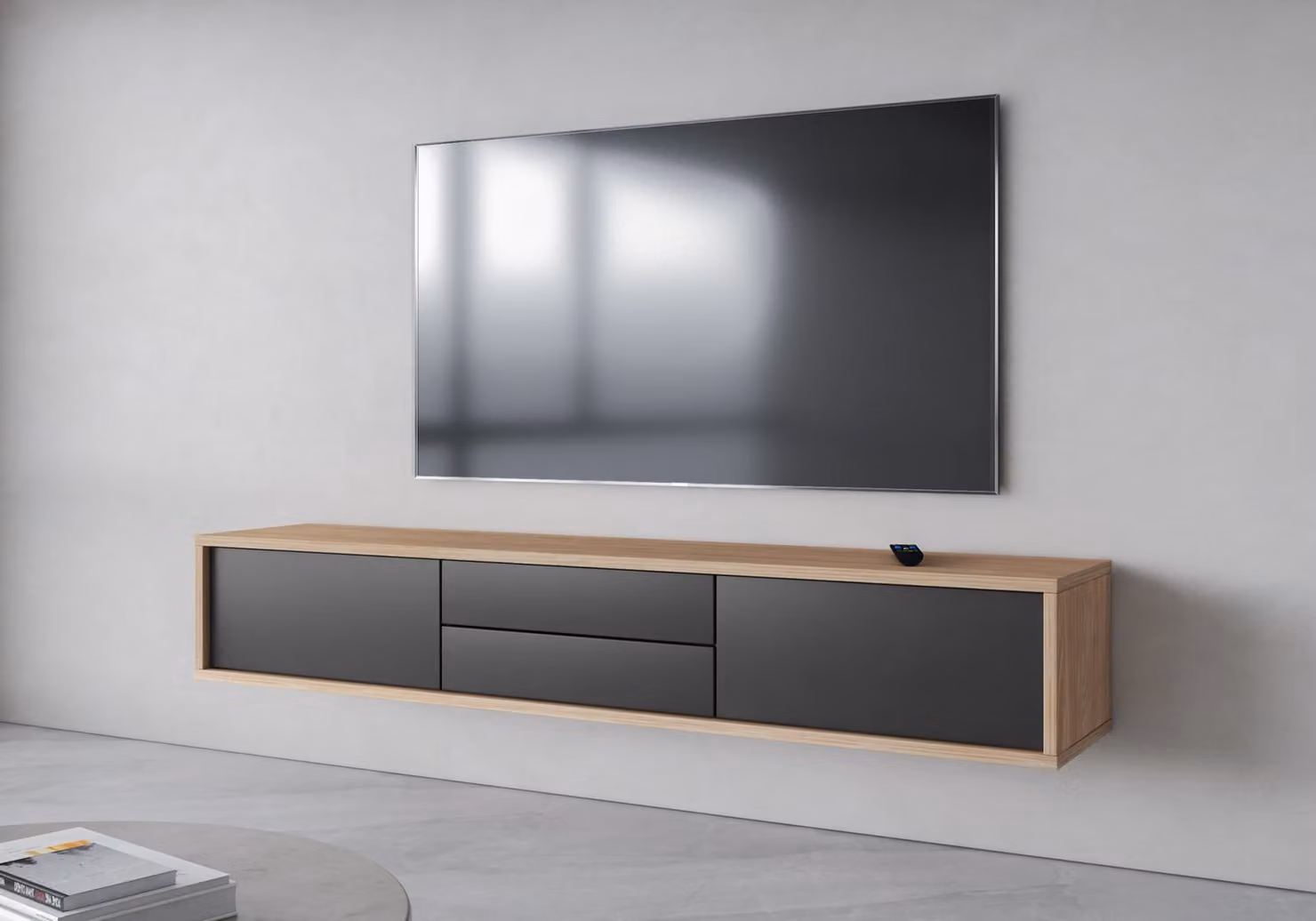 Tavolino sospeso per TV con cassetti IRVING 2 - rovere oliato / antracite