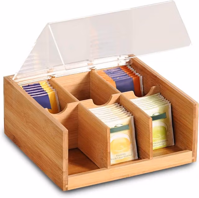 Porta Tisane e Tè Avilia Home in Bambù Marrone con Scomparti e Coperchio Mobile