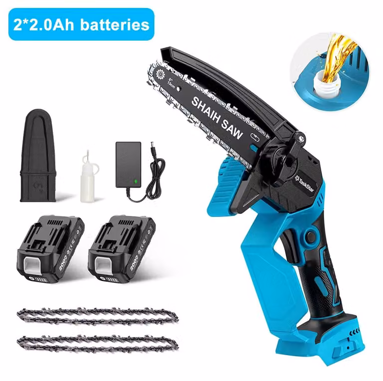 Troncatrice a catena elettrica - Mini-troncatrice a batteria - Lame da 15 cm - Motore brushless - Lubrificazione automatica della catena - 2 batterie da 2 Ah - Adatta per legno e rami - Spina di tipo europeo