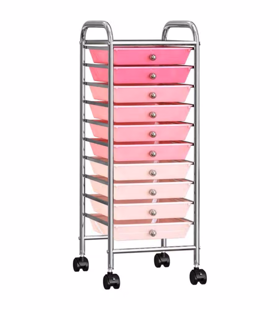 Carrello Portaoggetti con 10 Cassetti Rosa Sfumato in Plastica