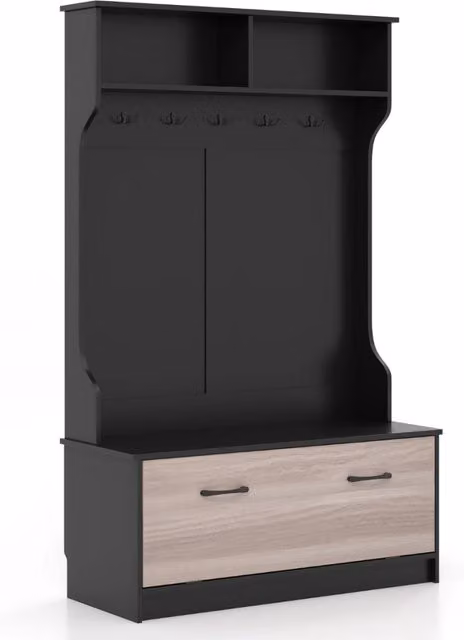 Armadio ingresso multifunzionale Design Mania con panca e appendiabiti, Nero opaco, L: 100 cm, P: 32,5 cm, H: 160 cm