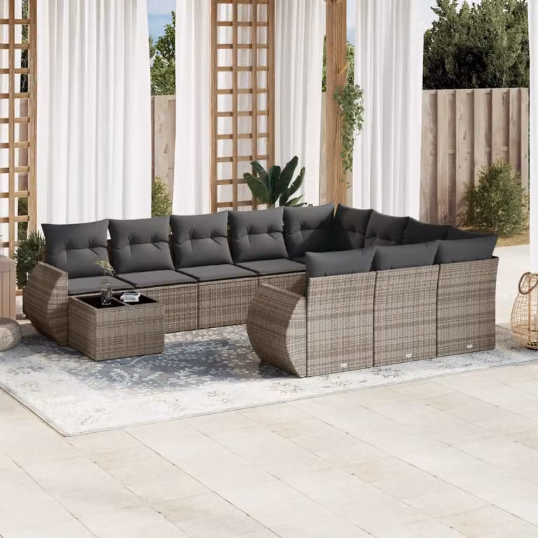 Set di divani da giardino vidaXL in polyrattan grigio con cuscini 11 pz