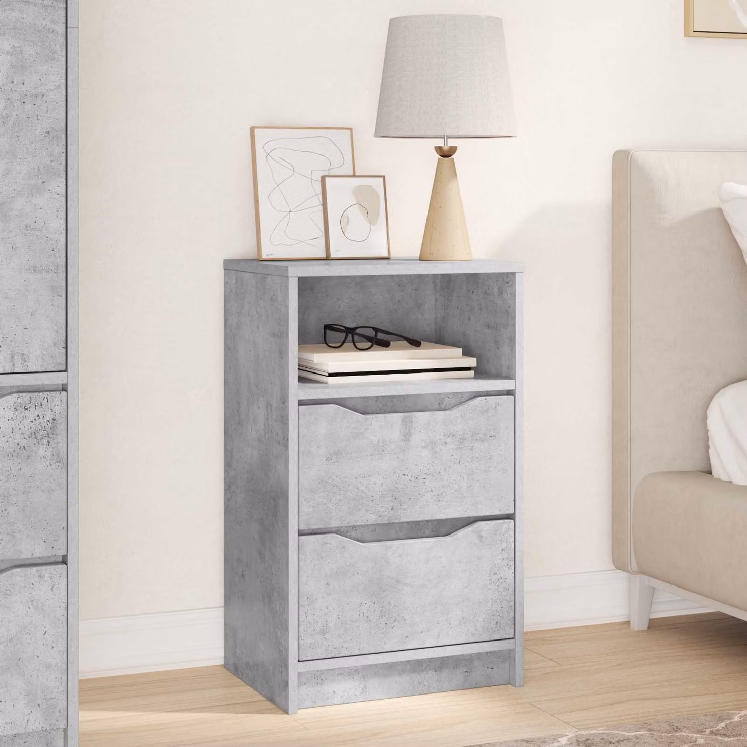 Comodino moderno vidaXL in legno ingegnerizzato grigio cemento, L 40 cm x P 30 cm x H 67 cm