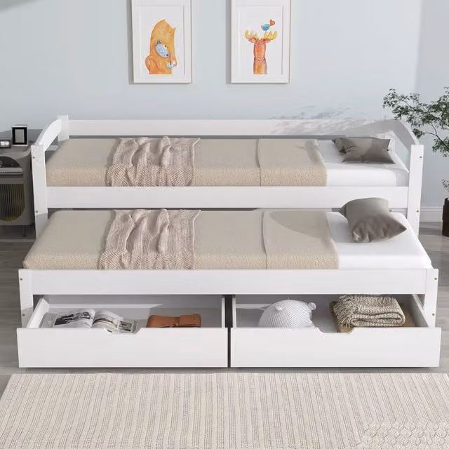 Letto singolo con secondo letto estraibile; 90 x 200 e 90 x 190 cm; 2 cassetti; pino e MDF; bianco