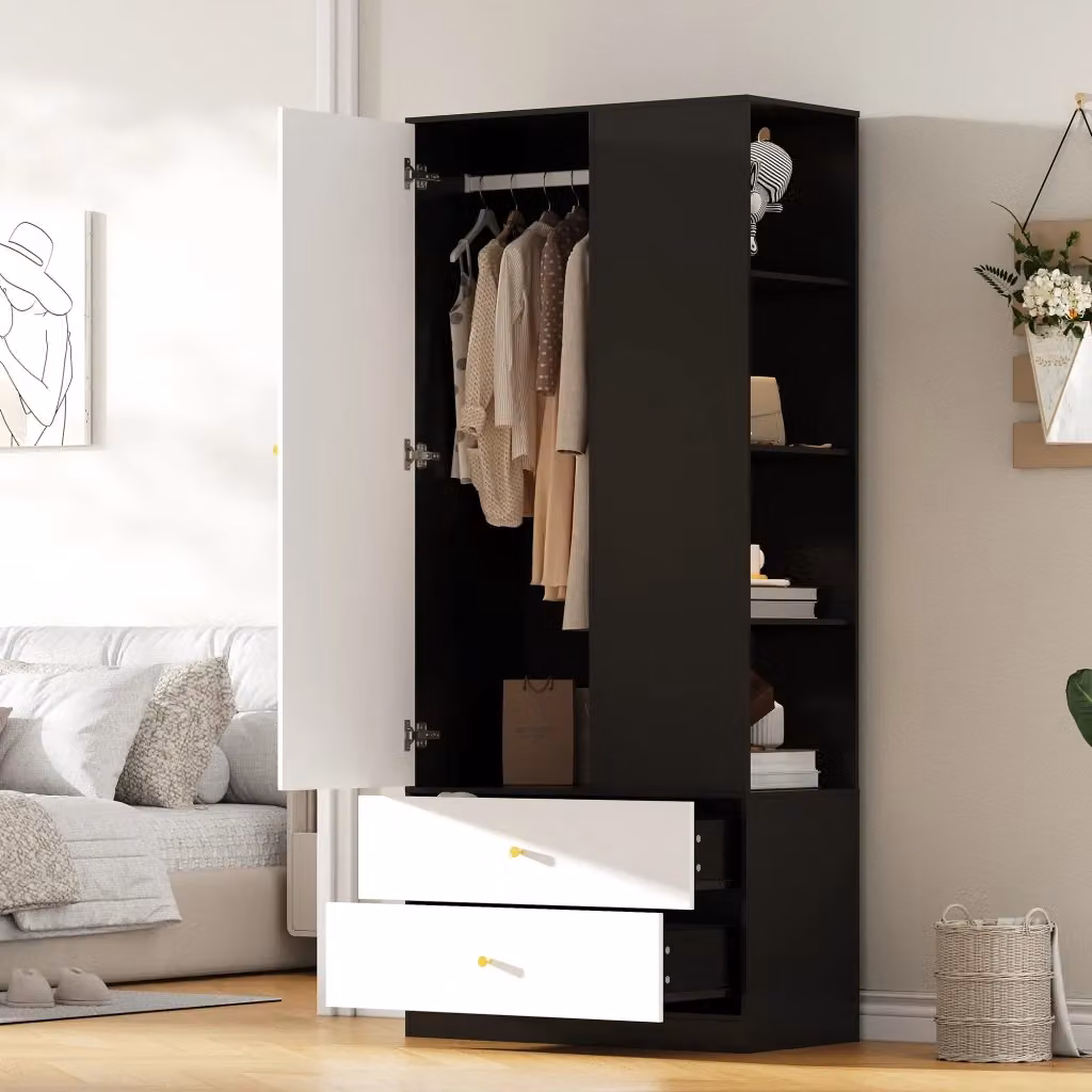 Armadio moderno con specchio, 2 cassetti, 4 ripiani e appendiabiti con chiusura ammortizzata, bianco e nero, L: 80 cm, P: 40 cm, H: 180 cm – 2