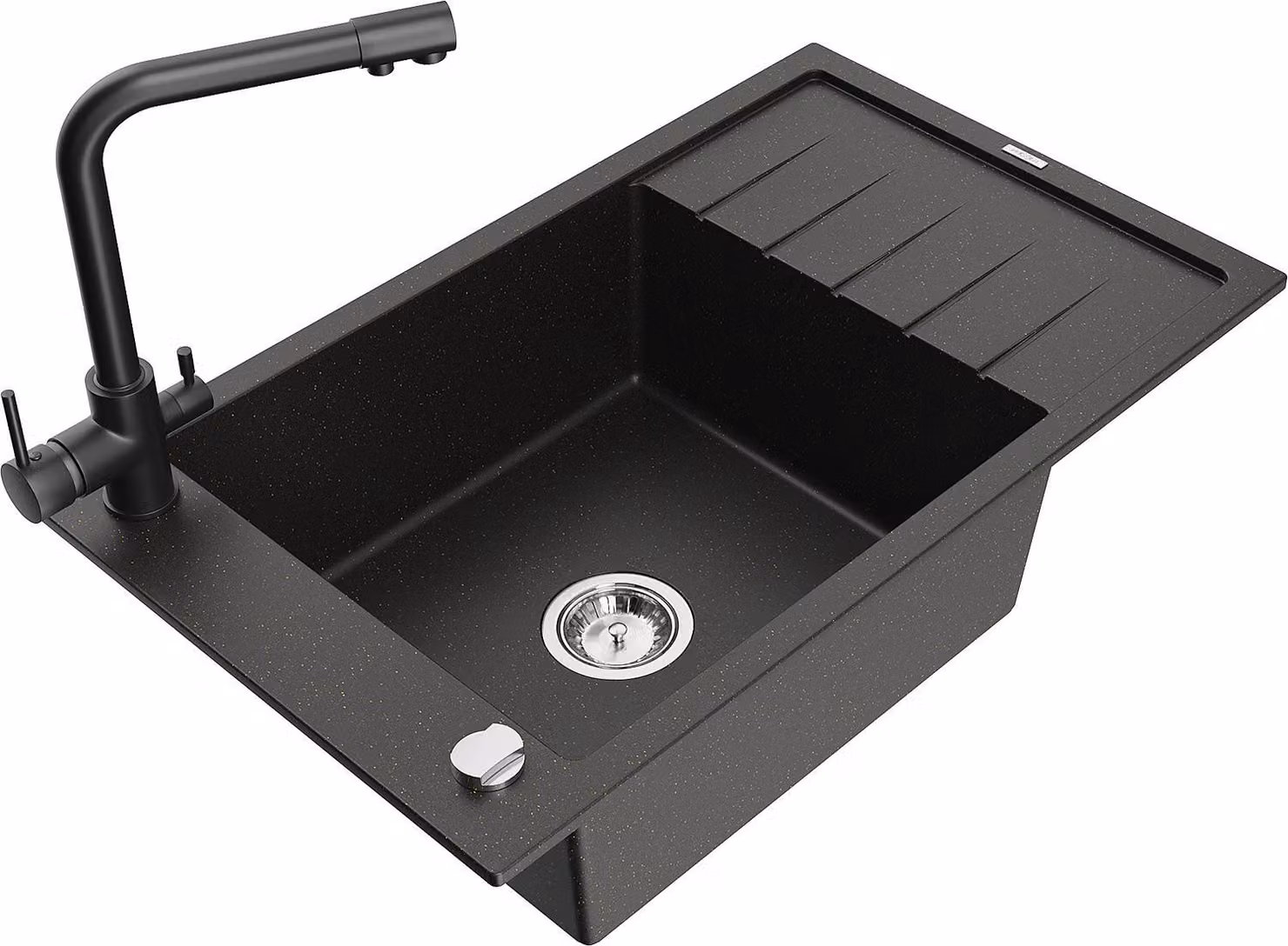 Mexen Elias lavello in granito a 1 vasca con scolapiatti e rubinetto da cucina Duero, nero/oro metallizzato - 6511-75-671600-70