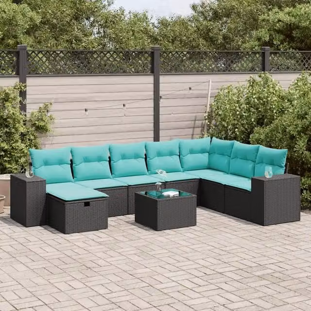 Set Divani da Giardino 9 pz con Cuscini Nero in Polyrattan 3325743