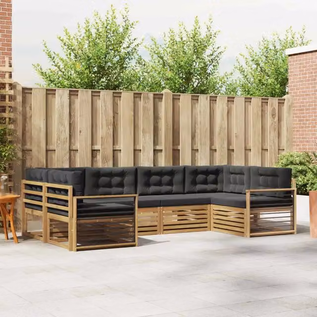 Set di divani da esterno a L vidaXL in legno di acacia con cuscini, Bianco e Antracite – 1