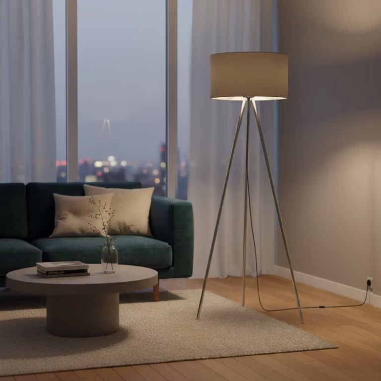 Lampada da terra Braytron a 3 gambe, 155 cm, E27, moderna, con paralume, per soggiorno, lampada da terra, illuminazione dal basso verso l'alto, grigia