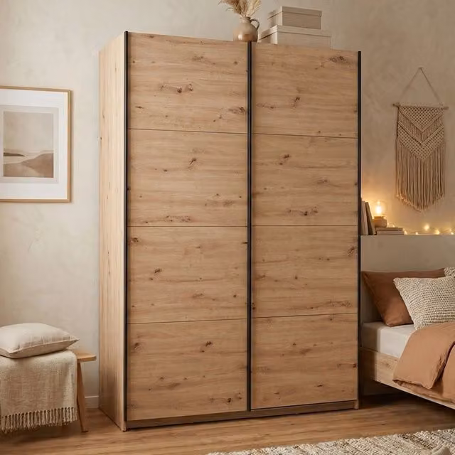 Armadio da camera da letto DMORA Tredozio con ante scorrevoli, moderno, colore marrone rovere e nero, L: 145.5 cm, H: 218 cm – 1