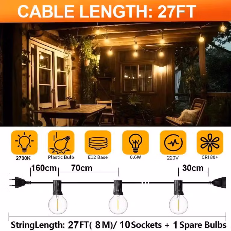 Catena luminosa a LED - Lampadine sferiche G40 - 8,2 metri - 10 LED - Lampadine in plastica resistente agli urti - Grado di protezione IP44 (resistente agli schizzi d'acqua) - Spina europea - 220 V