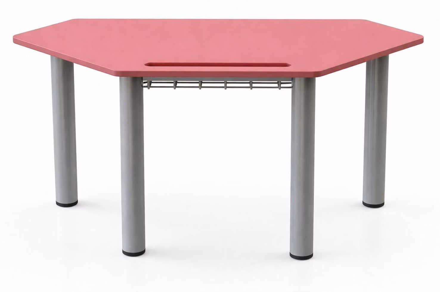 Moderno banco di scuola esagonale con piano rosso e pratico ripiano