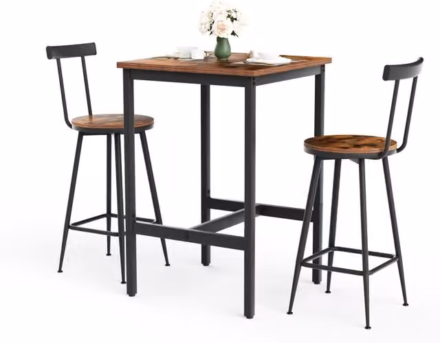 Set Tavolo Bar e 2 Sgabelli con Poggiapiedi, Stile Industriale, Struttura in Metallo, Finitura Marrone Rustico, 60x60x90 cm, per Sala da Pranzo e Soggiorno