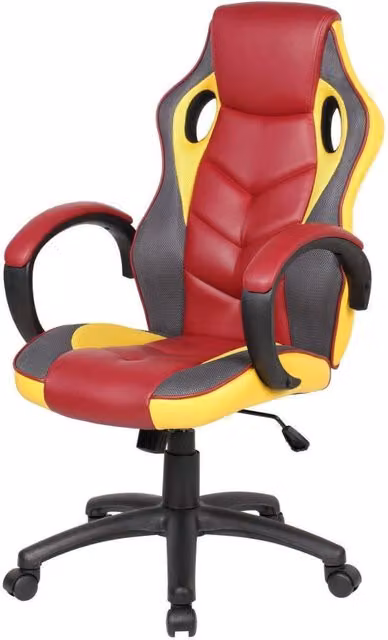 Sedia da gaming Urbana DMORA per adulti, poltrona da scrivania sportiva in ecopelle, Rosso, Giallo e Nero, L: 66 cm, P: 61 cm, H: 104/114 cm