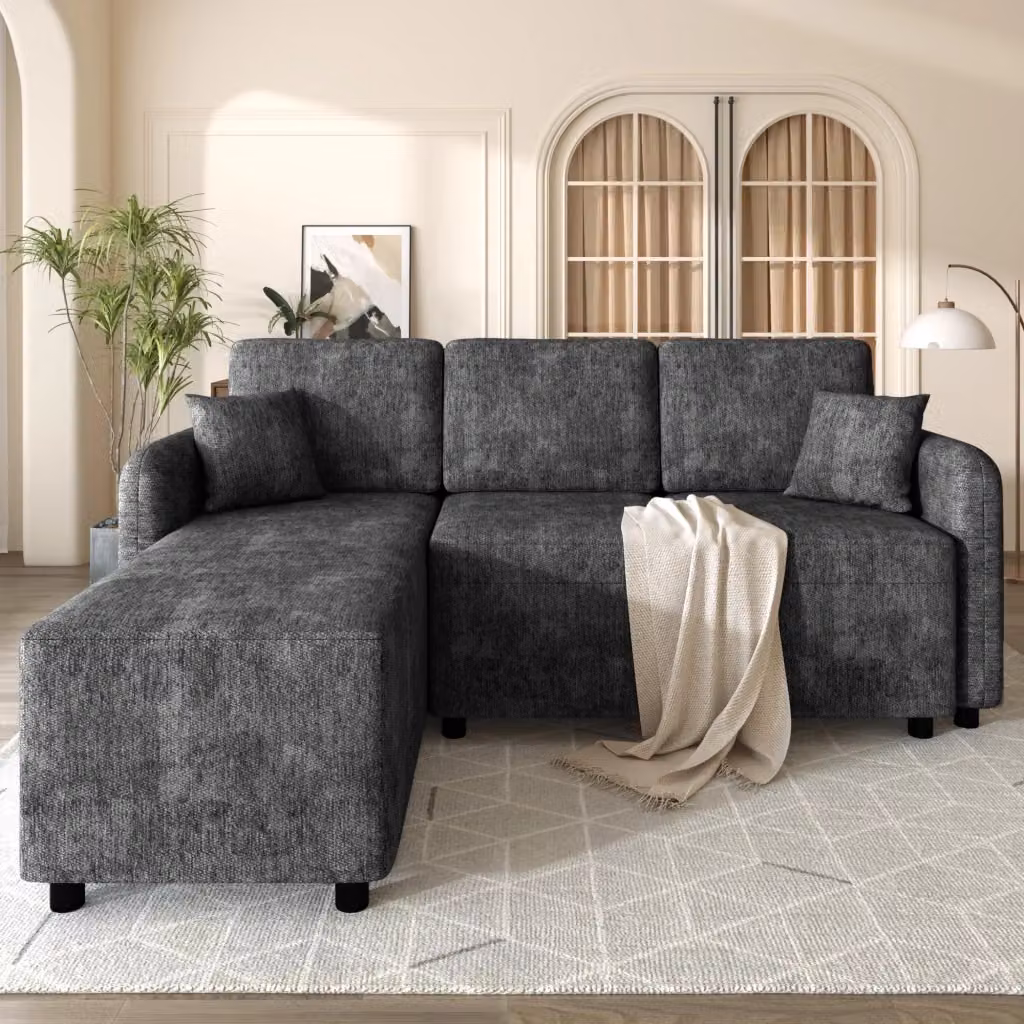 Divano angolare 3 posti OKWISH con penisola relax in tessuto chenille nero e cuscini in schiuma ad alta densità con struttura in legno massello – 2